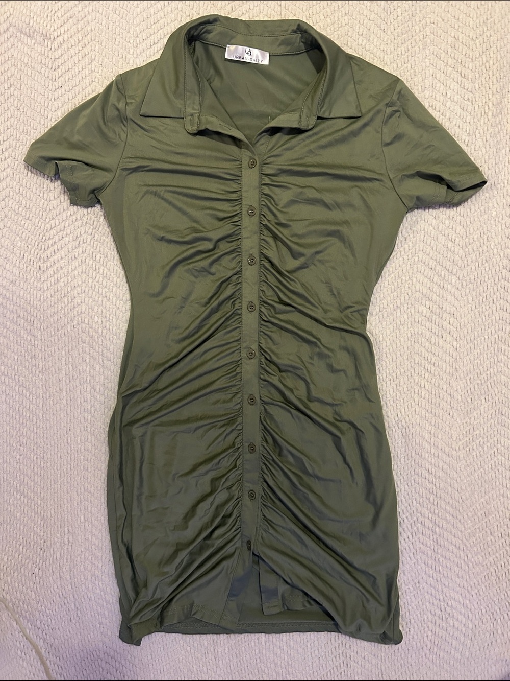 Ruched Olive Green Shirt Dress - Women Mini